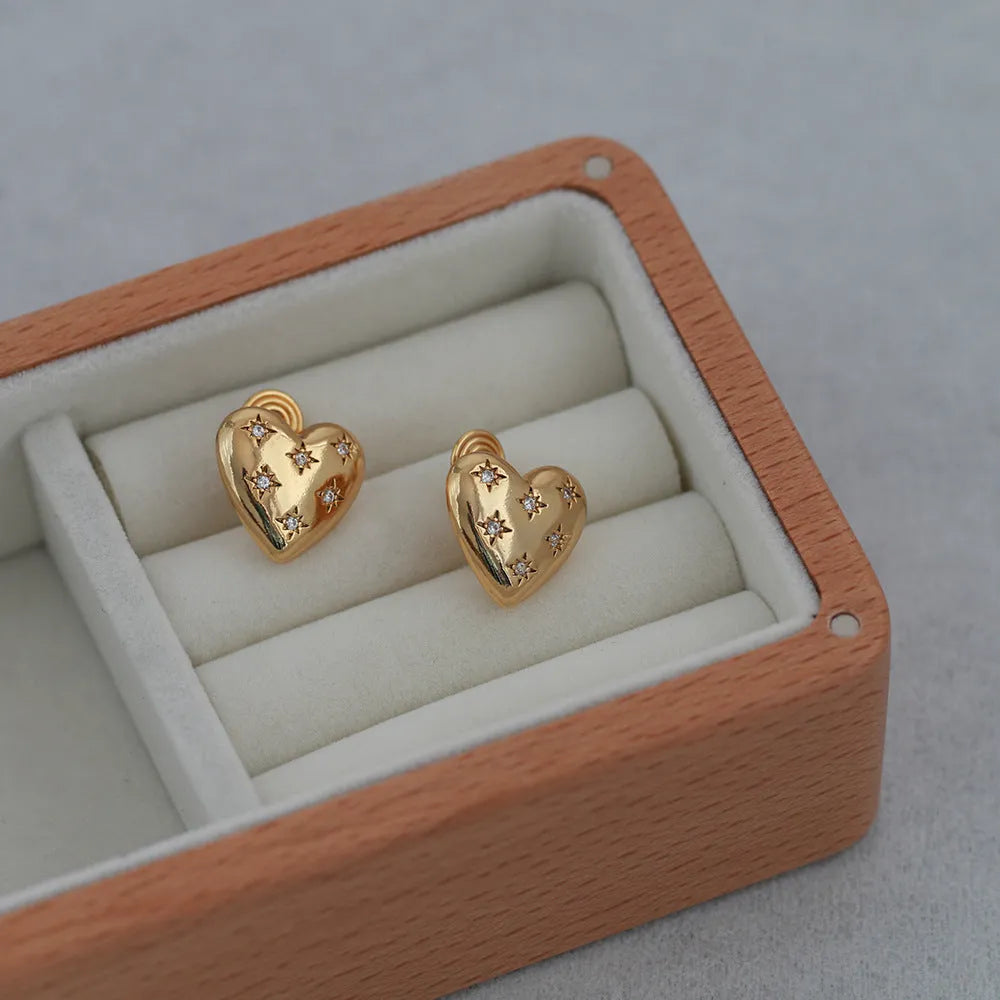 Light luxury 3D high-end copper heart earrings for women, electroplated finish, silver stud or clip style