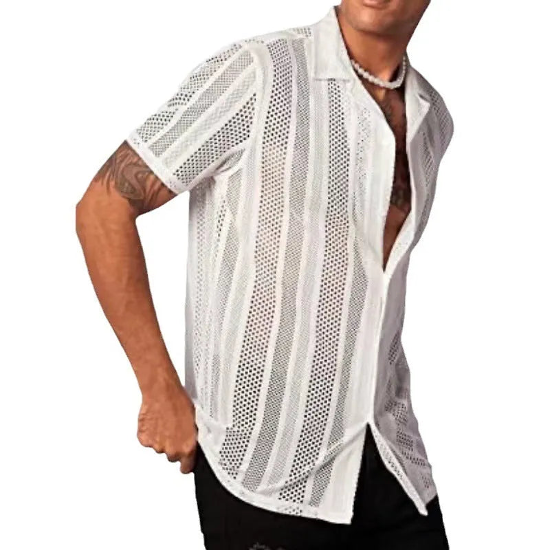 Men's black knitted short-sleeved button cardigan shirt with jacquard texture