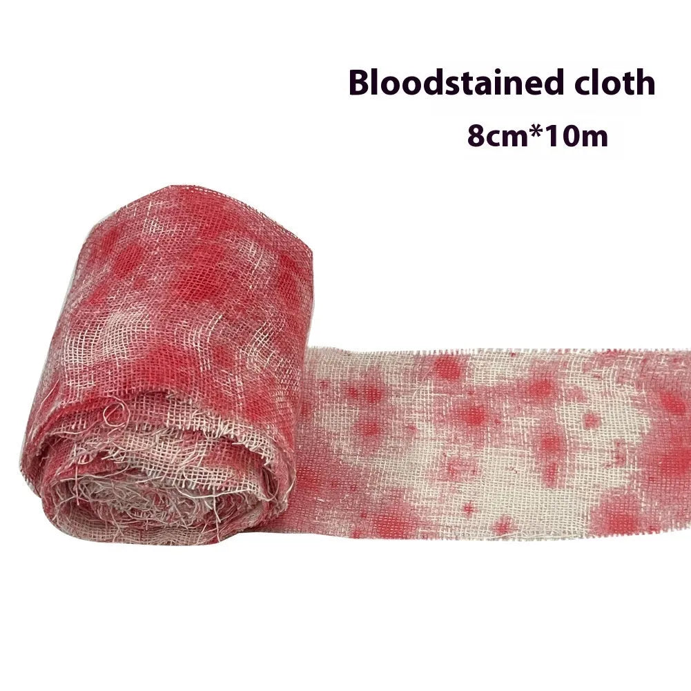Halloween horror bandage roll showing 8cm wide polyester gauze with bloody red dyed finish