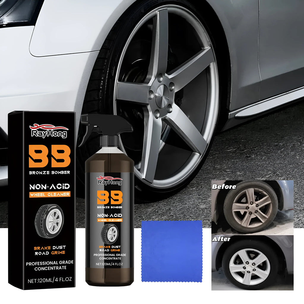 Car tyre cleaner kit showing 4.5x18.7cm spray bottle and 20x20cm microfibre towel for wheel cleaning.
