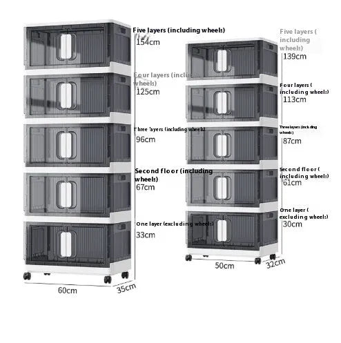 Foldable white household storage locker with wheels and multiple shelves