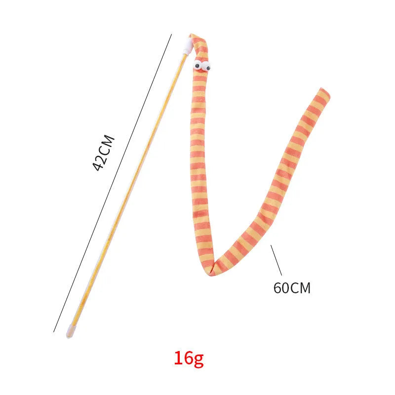 Cat wand toy with a polycarbonate pole and a long colourful plush strip with a bell, held in a person's hand.