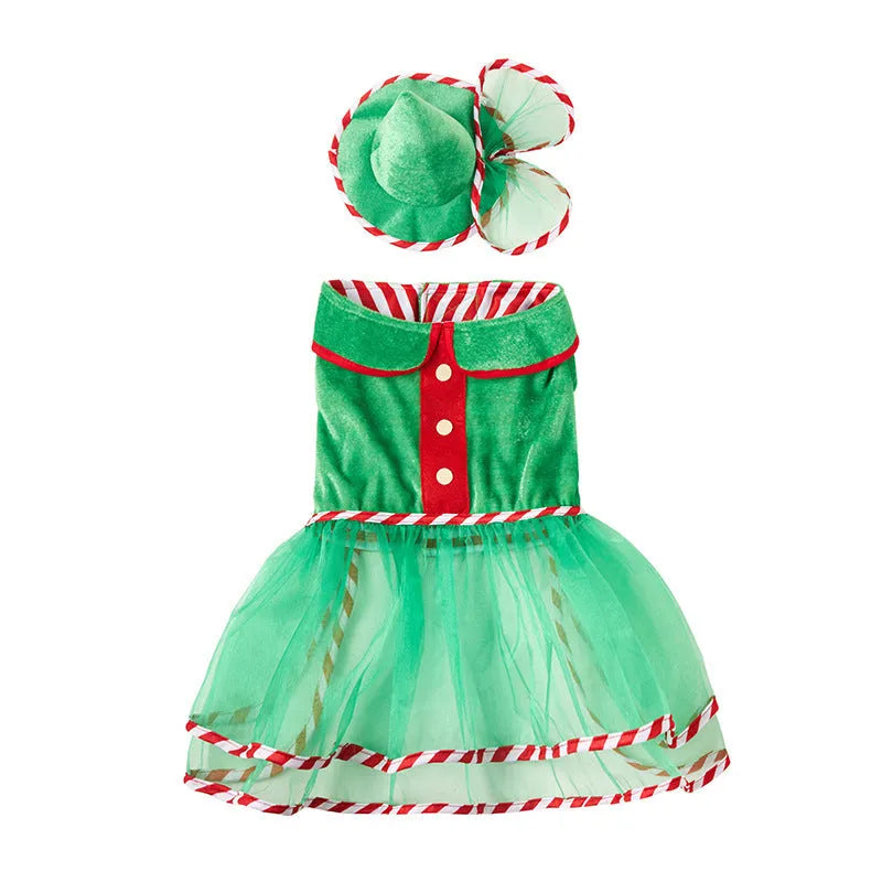 Pet green gauze skirt hat suit on a dog, flannel knitted fabric Christmas outfit