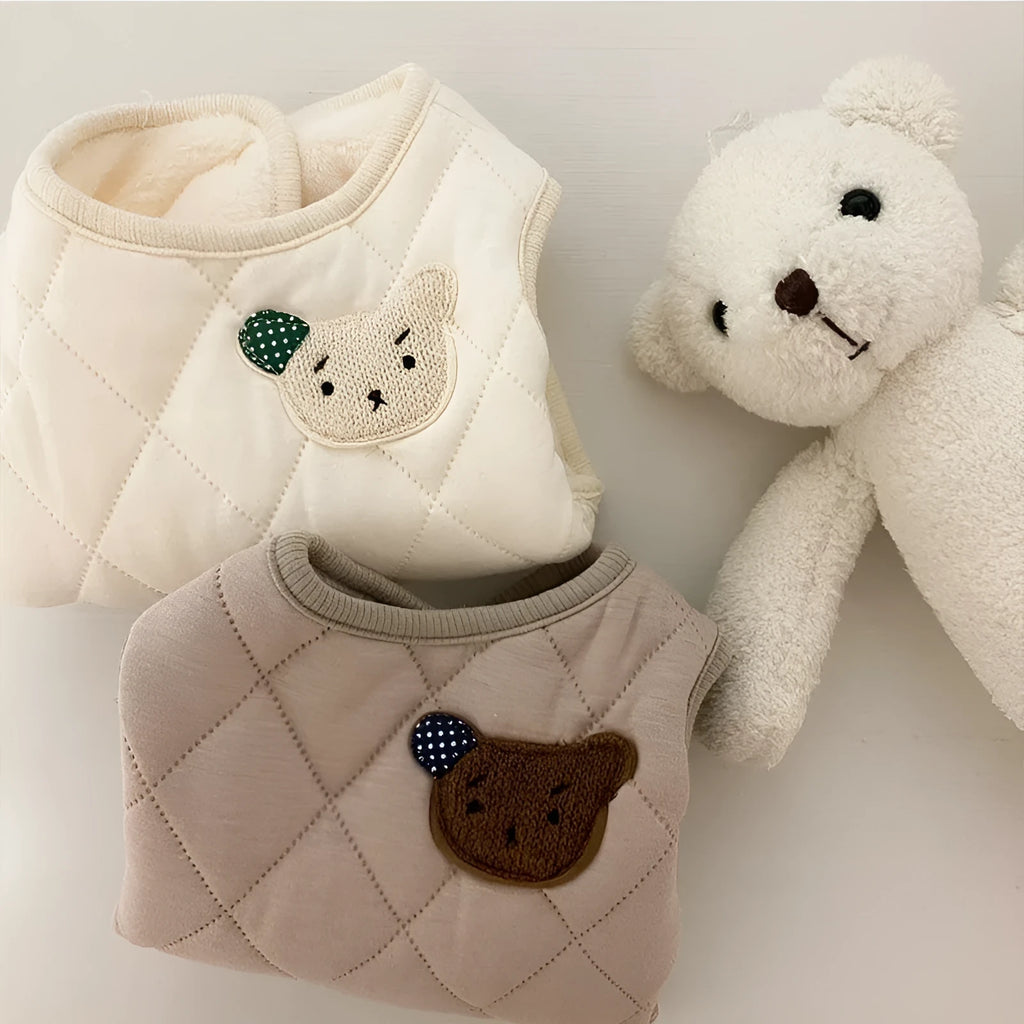 Quilted pet vest for small dogs with bear patch embroidery, cream and beige colours