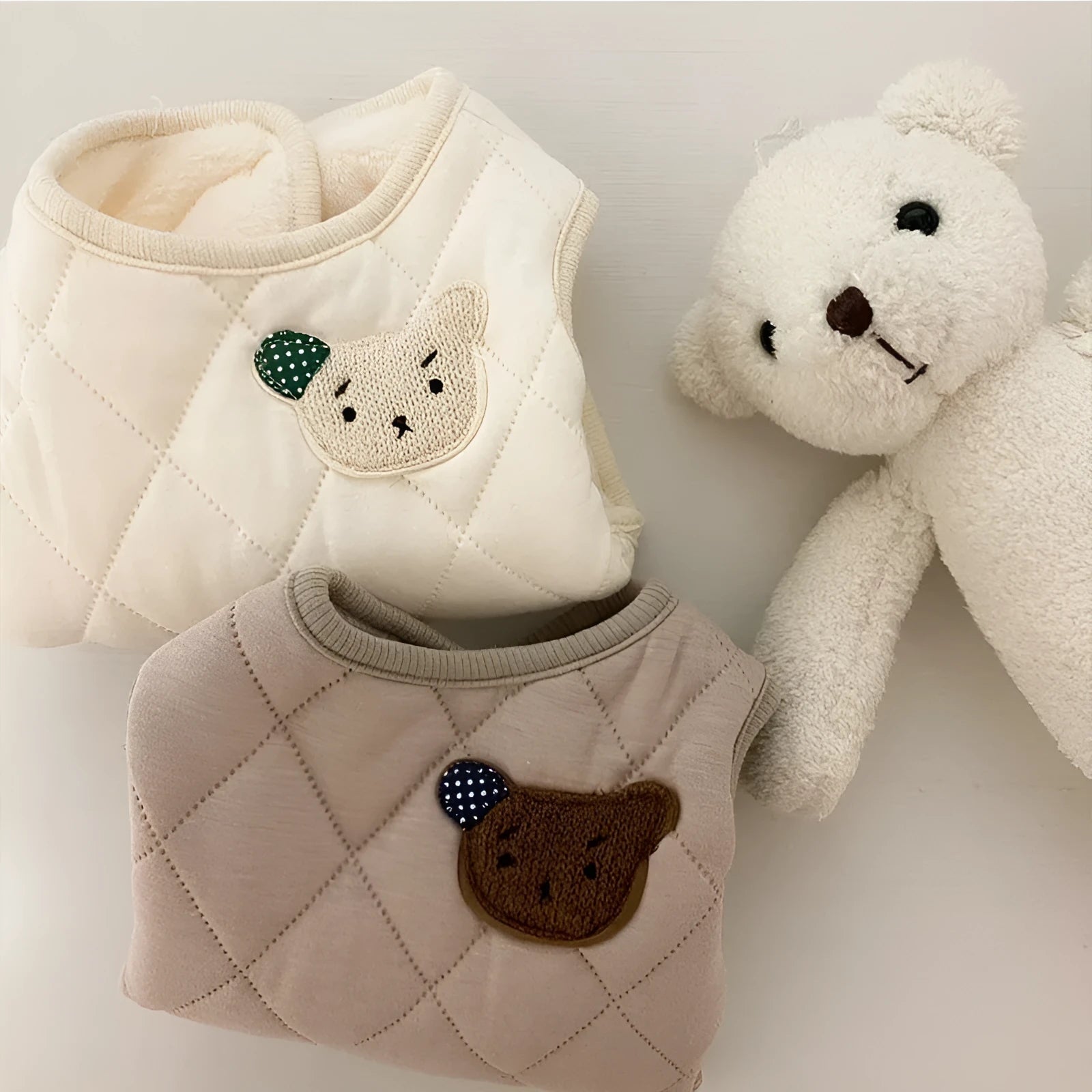 Quilted pet vest for small dogs with bear patch embroidery, cream and beige colours