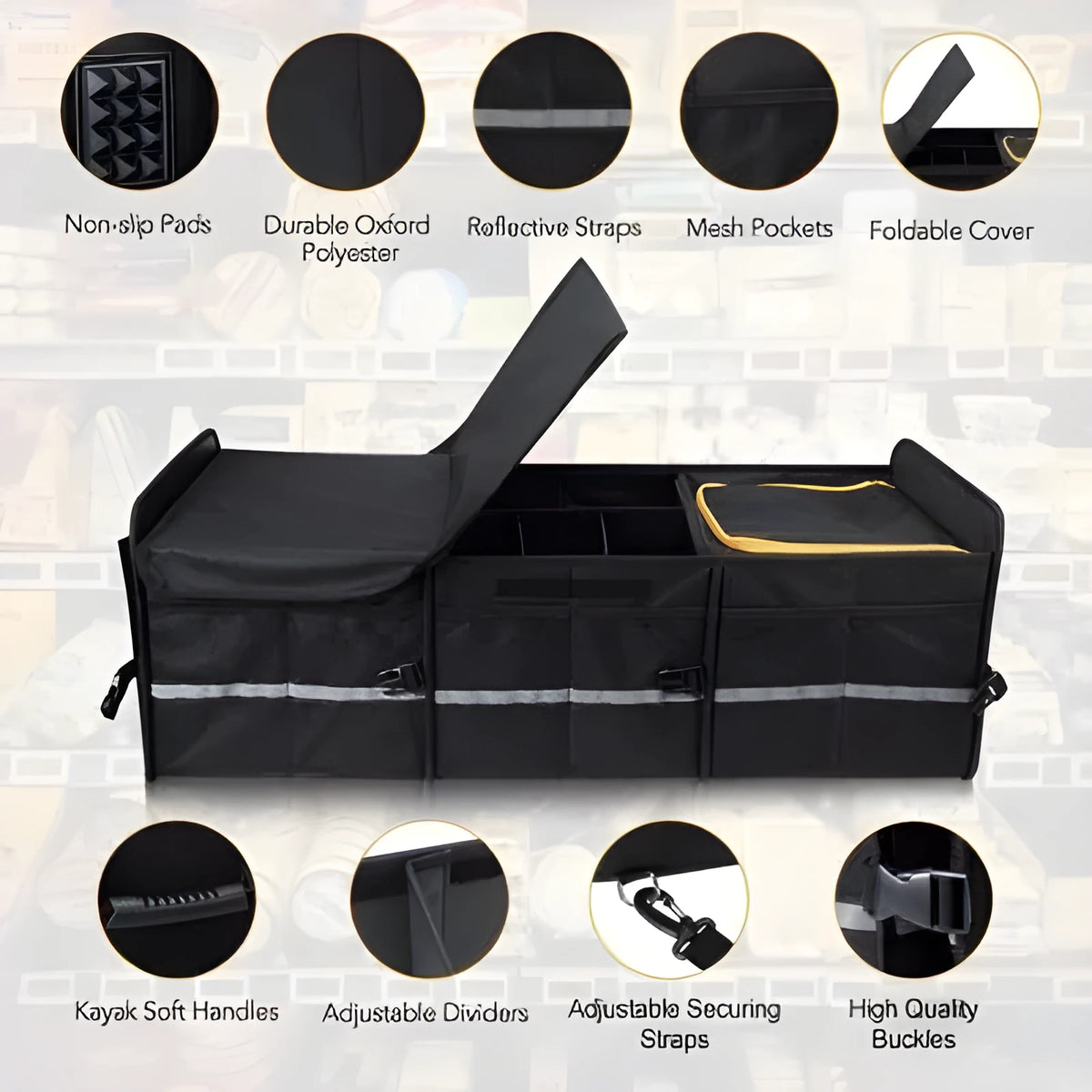 Black Oxford cloth folding car boot storage box with handle and roller, 89x36.8x31.8cm