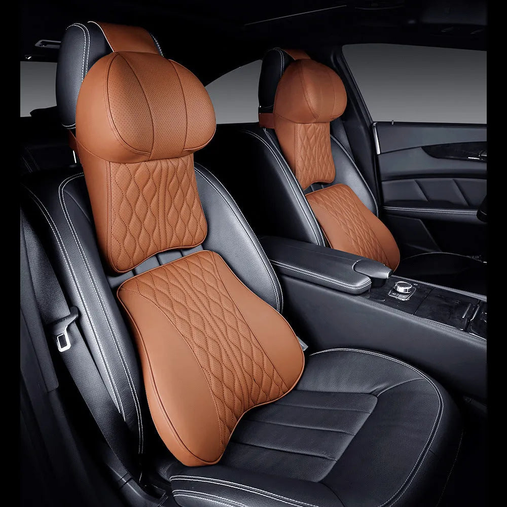 Car neck pillow and lumbar support pillow set with embroidered wavy pattern in beige colour