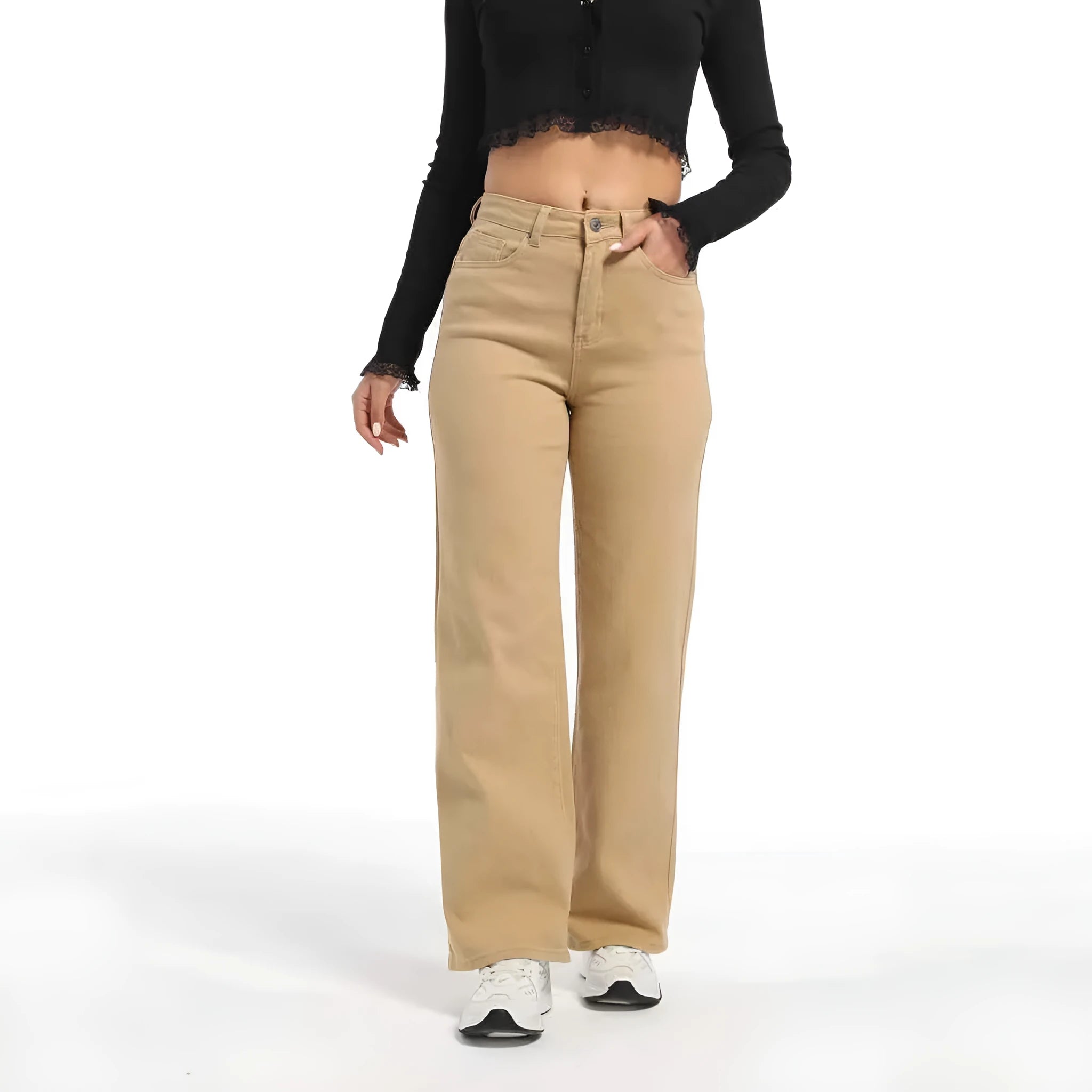 Women's apricot and khaki coloured straight-leg wide jeans with high waist for autumn.