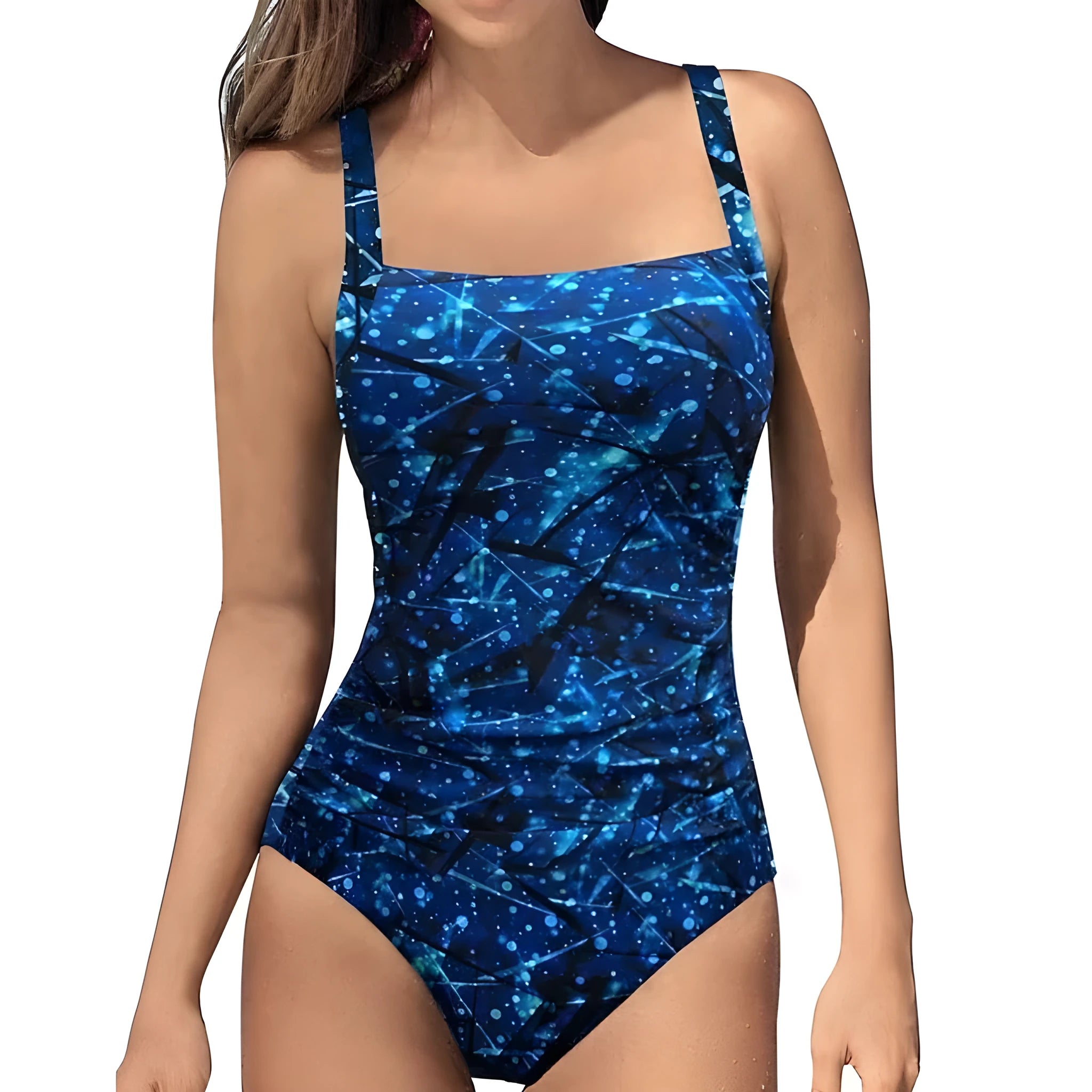 Women's one piece swimsuit triangle neckline polyester bikini in dark blue and blue, sleeveless for swimming and wading sports