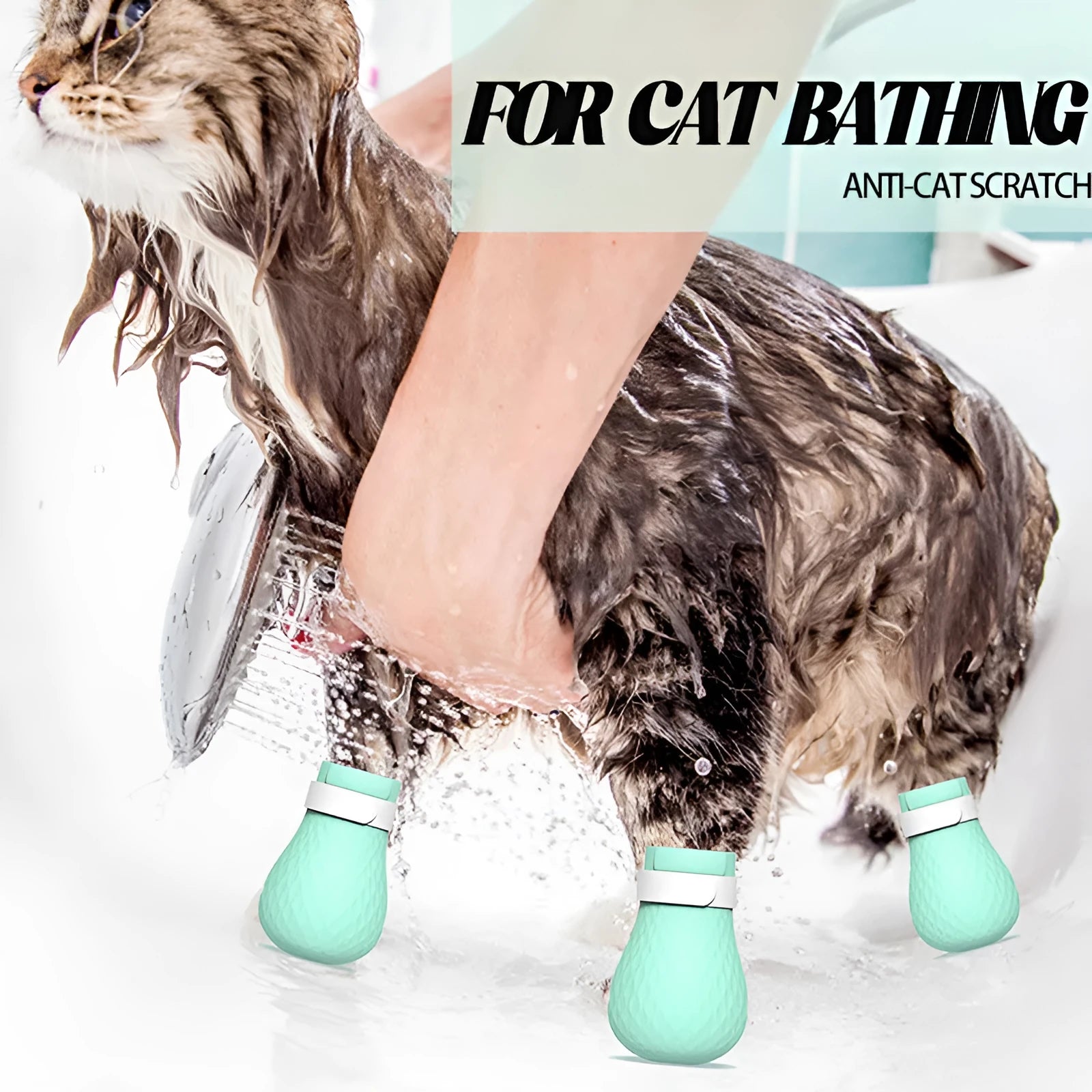 Green silicone cat anti-scratch foot covers with adjustable straps for pet handling