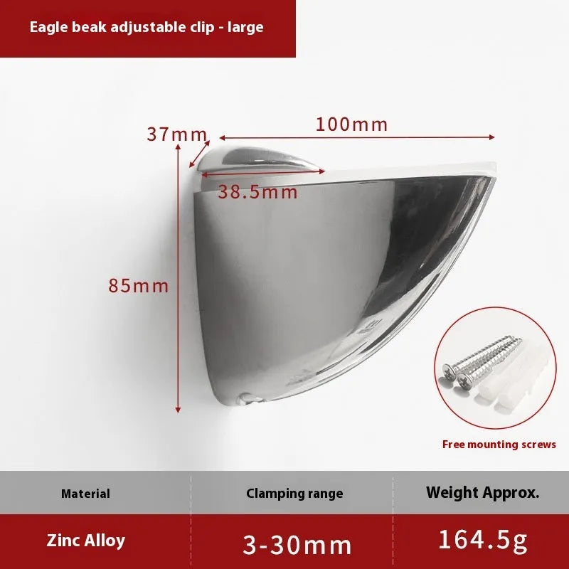 Electroplated metal adjustable clip holder for glass partitions and display panels.