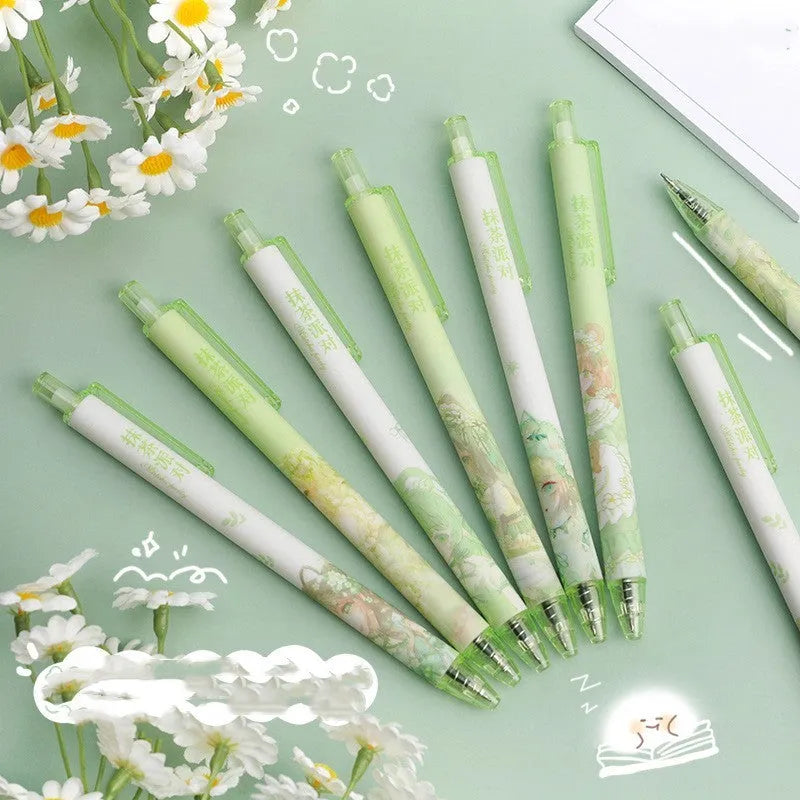 Pack of six plastic neutral pens with 0.5mm stainless steel nib in various colours including blue, green, pink, and matcha party style