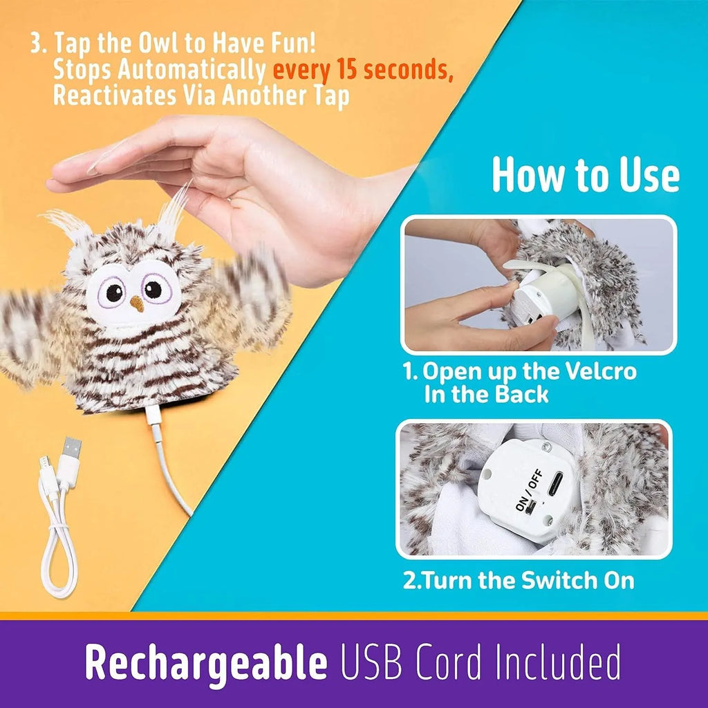 Grey owl-shaped interactive cat toy with automatic chirping and wing-flapping functions
