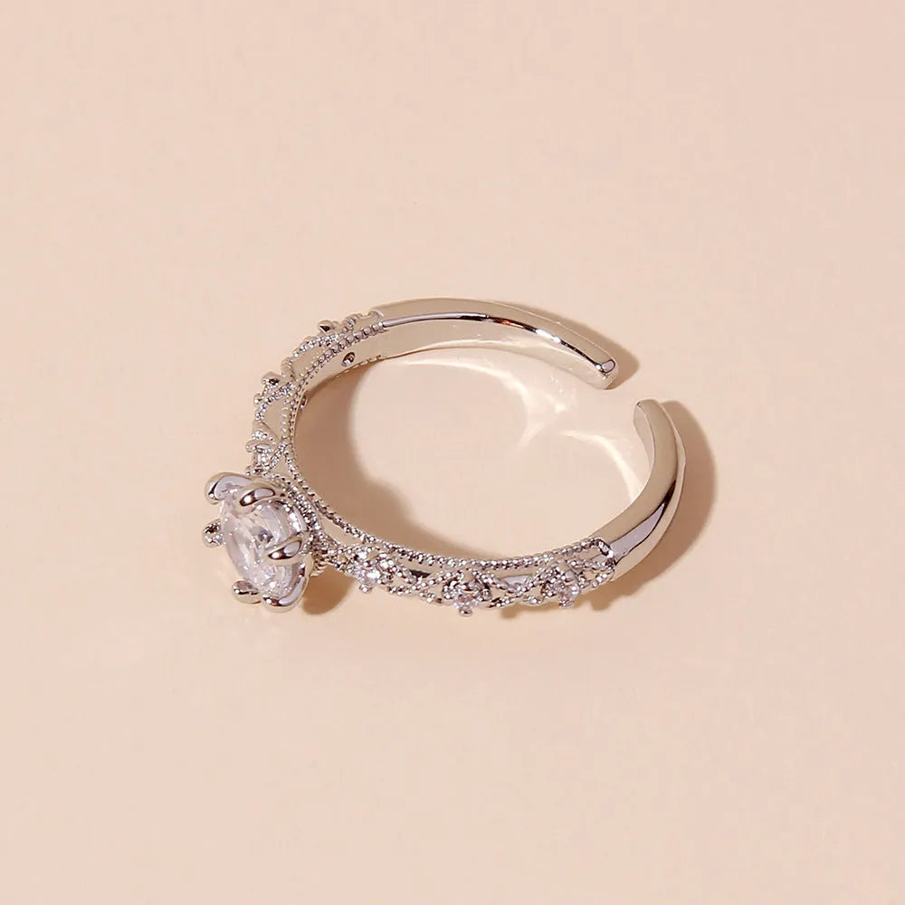 Adjustable open ring for women in white K with diamond treatment process and copper band