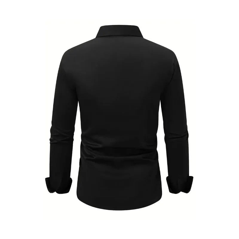 Men's solid colour velvet button down shirt in navy blue with long sleeves and lapel collar