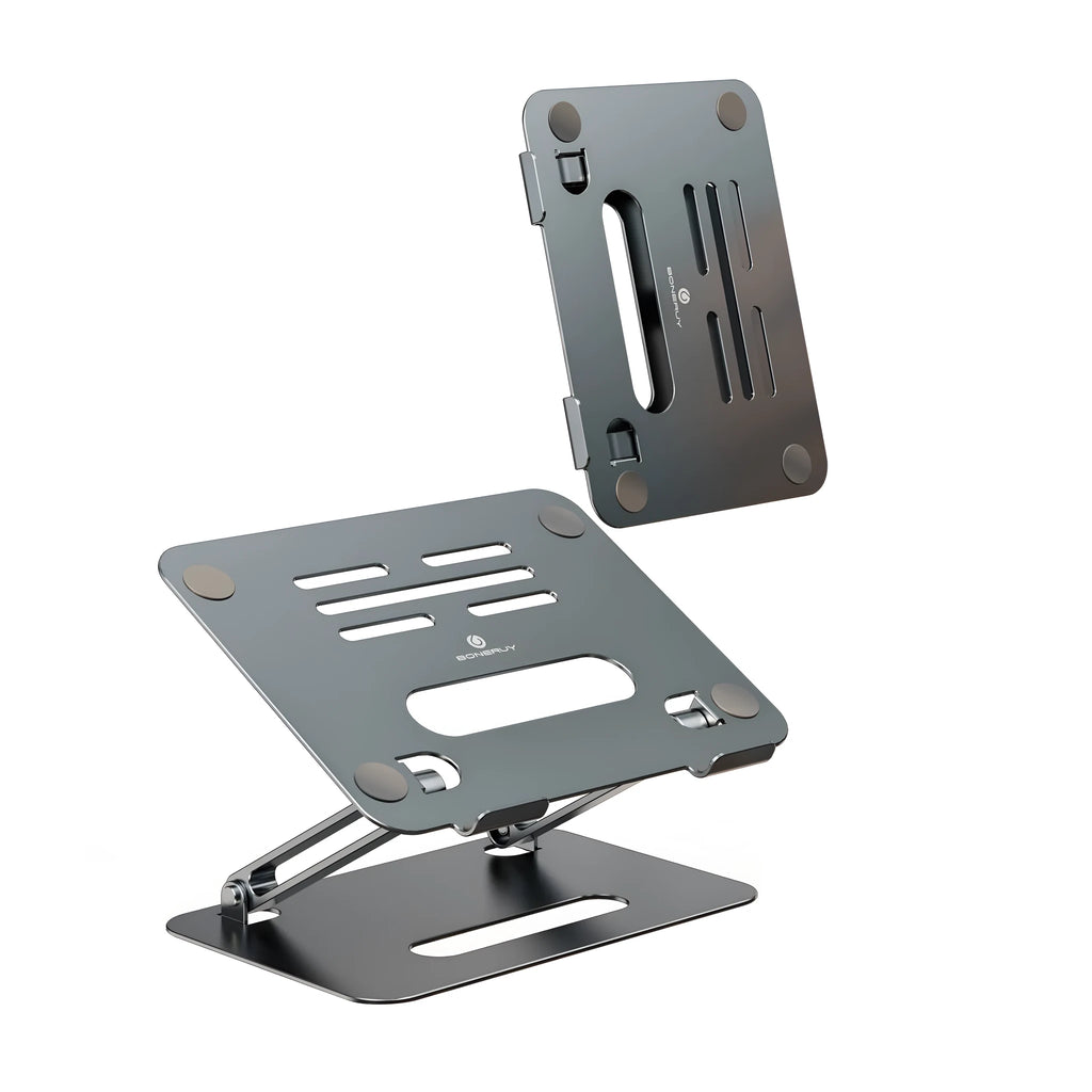 Gray silver aluminum alloy double-layer desktop computer stand with heat sink on a desk