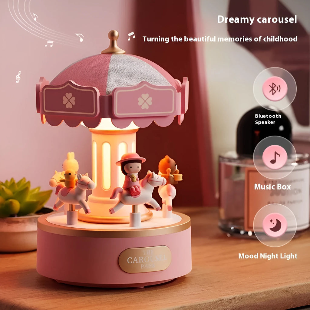 Carousel music box with ambience light showing rotating figurine and USB charging base