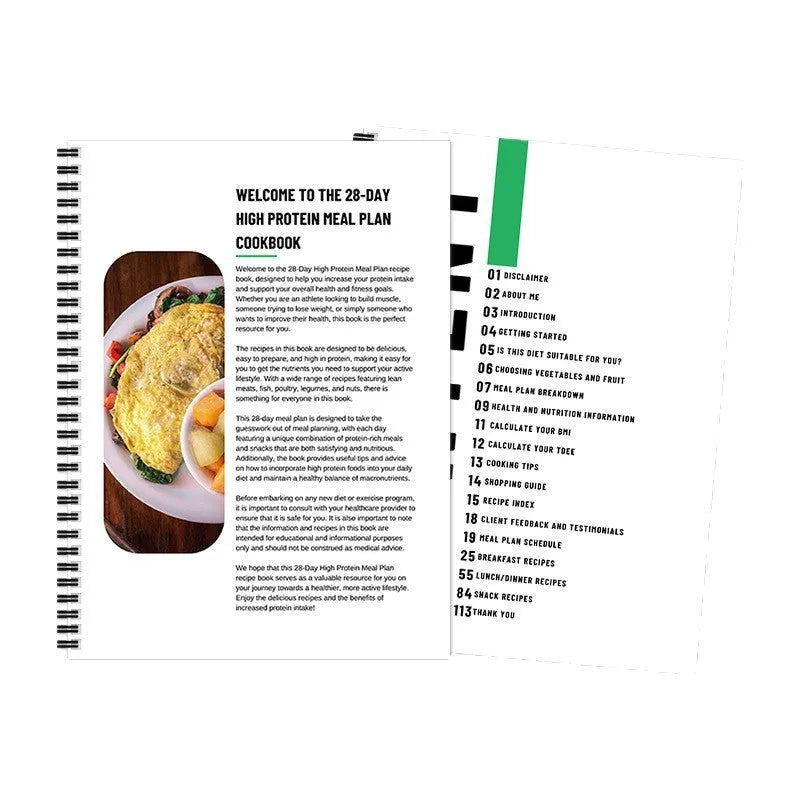 28-day high-protein diet plan book on paper, 21cm by 28.5cm, cover colour 28Day Dietary Plan