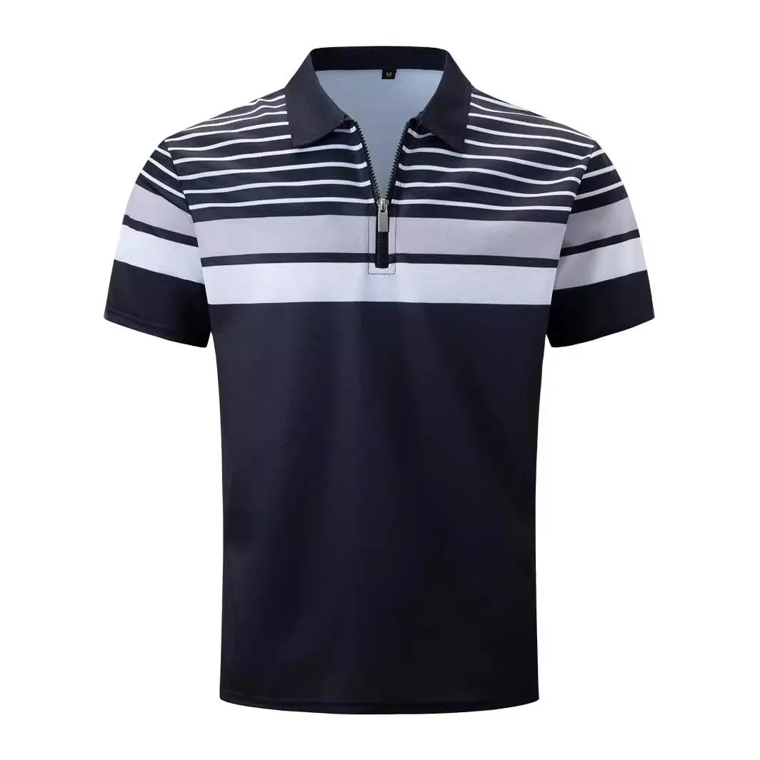 Men's black striped short sleeve t-shirt, loose fit, polyester, business casual top, sizes S-XXXL
