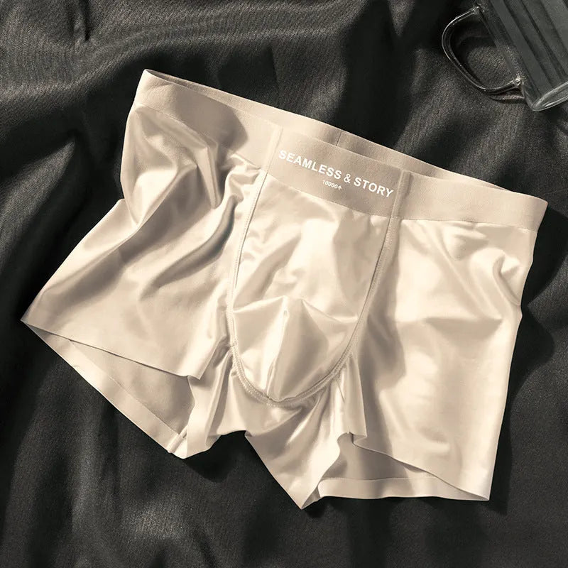 Men's ice silk underwear in coffee, blue and white colour combination showing mid waist design