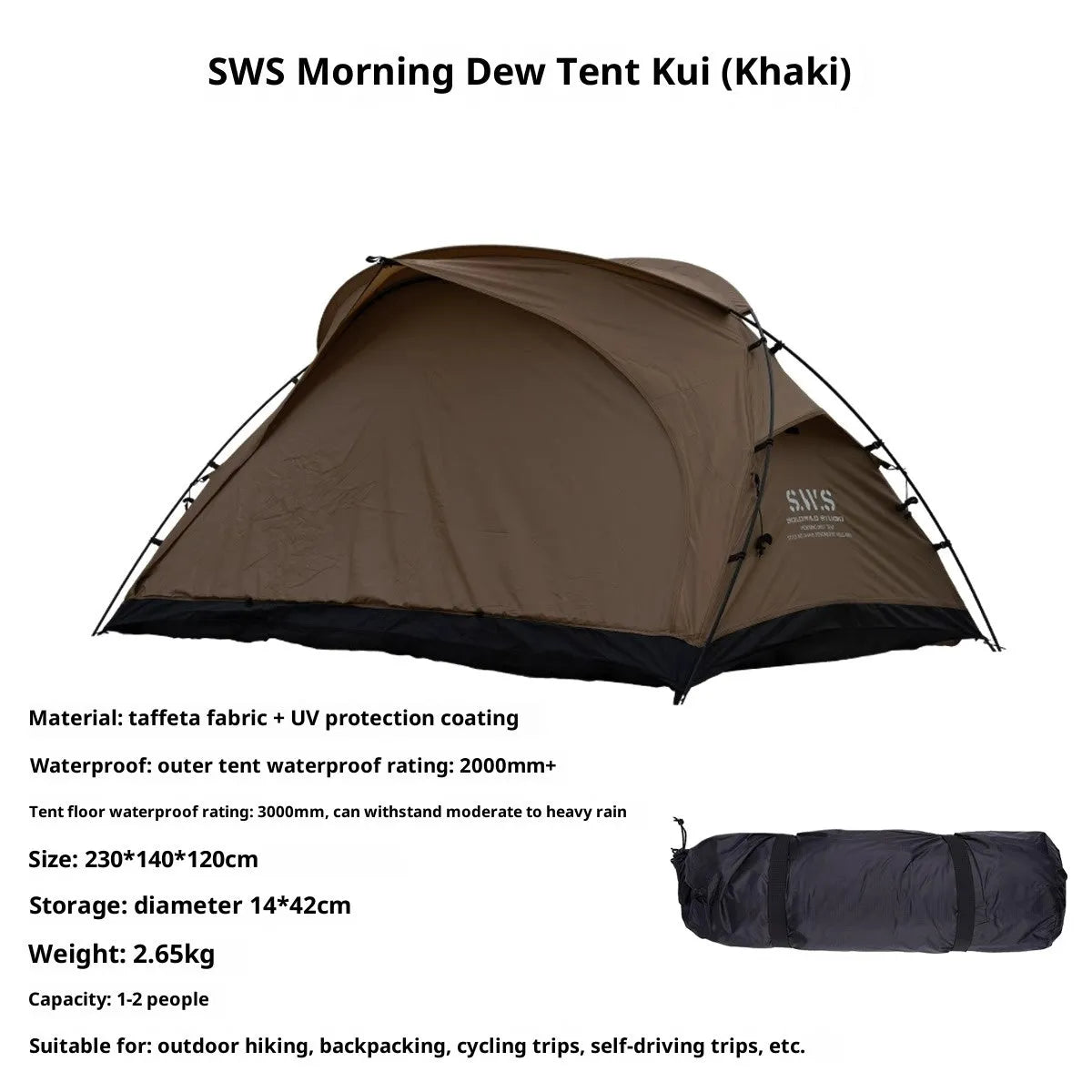 Sphere-shaped tent inner tent with 3000mm waterproof nylon rainfly in moss green colour, compact folded size 14x14x42cm for camping