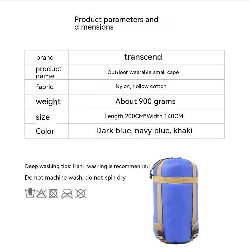 Adult-sized grey outdoor cloak sleeping bag with hood, laid out flat showing its 200cm length.