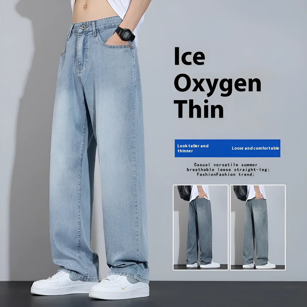 Men's straight leg trousers in ice silk denim with wide leg silhouette showing zip fly detail