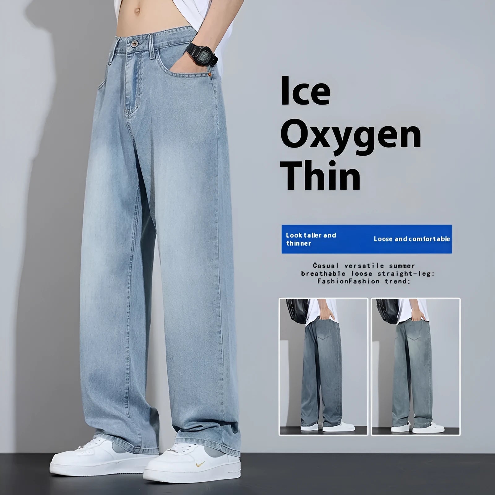 Men's straight leg trousers in ice silk denim with wide leg silhouette showing zip fly detail