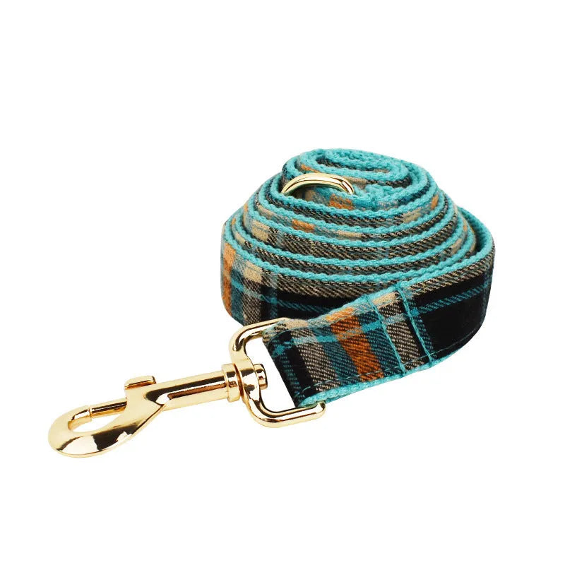 Green retro fabric dog collar, leash, harness, and bow tie four-piece set for pets