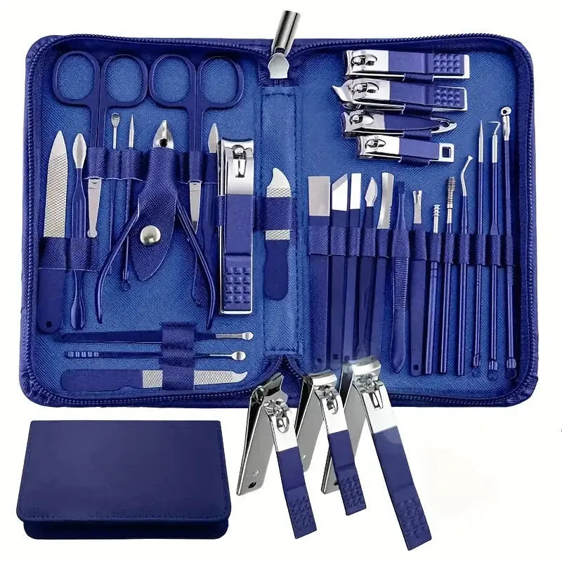 30-piece stainless steel nail beauty tool set showing cuticle pushers, nail clippers, files, buffers and tweezers