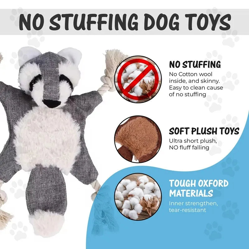 Set of six plush dog toys shaped like fox, squirrel, koala, monkey, rabbit, and tiger with squeakers