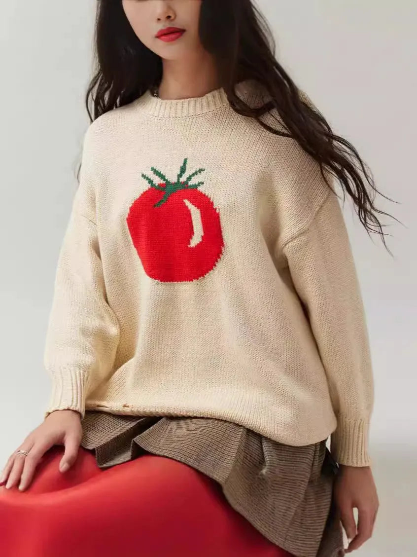 Women's loose-fitting acrylic jacquard pullover sweater in milky white with round neck and long sleeves