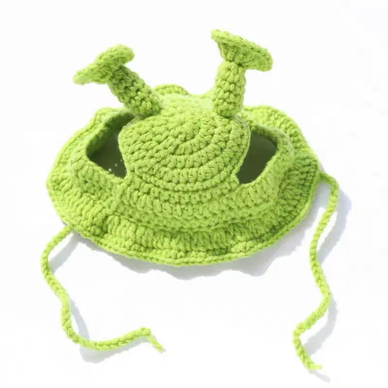 Handmade knitted green acrylic hat for small cat or dog, average size, casual style