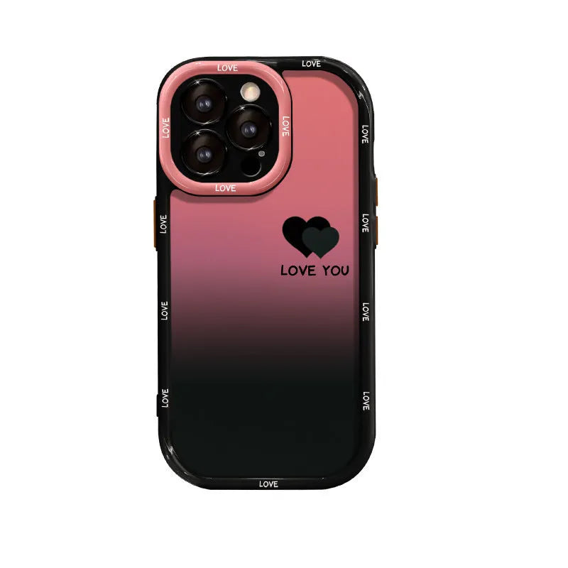 Cream coloured acrylic phone case with black gradient love heart design, showing fine-hole cut-outs for ports.