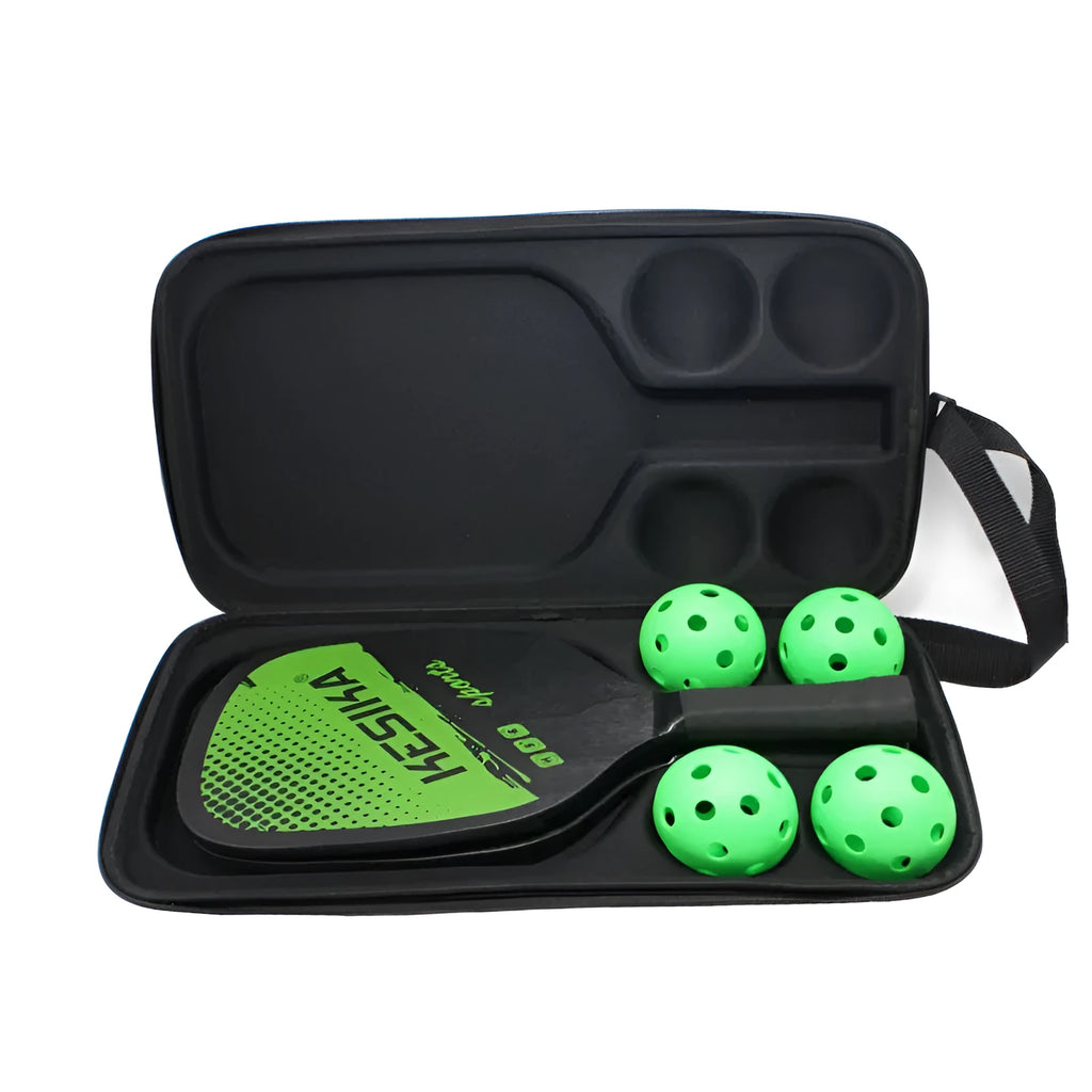 Black EVA pickleball storage bag with shoulder straps for one paddle and four balls.