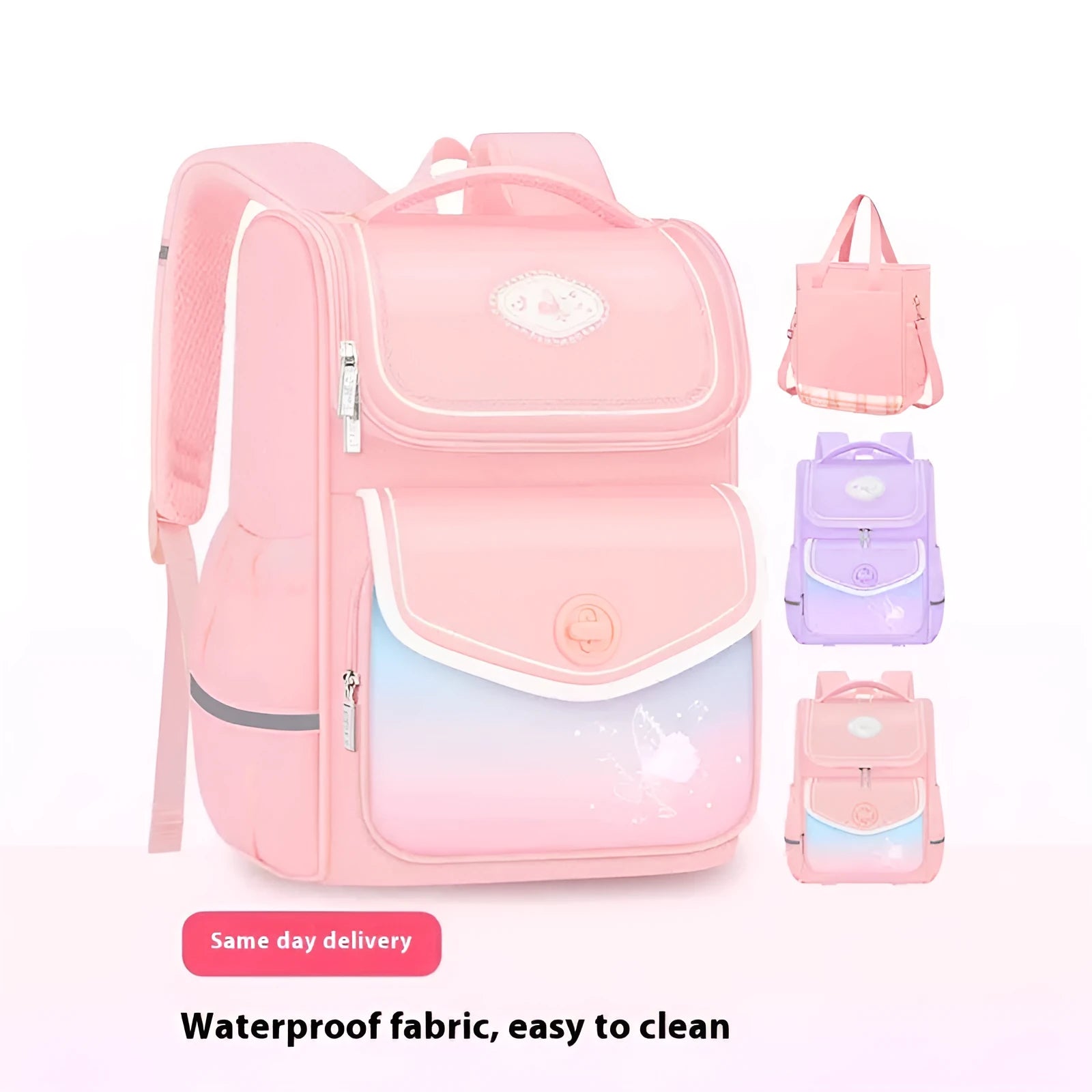Girls' waterproof school backpack in Oxford cloth available in pink, purple or green colours