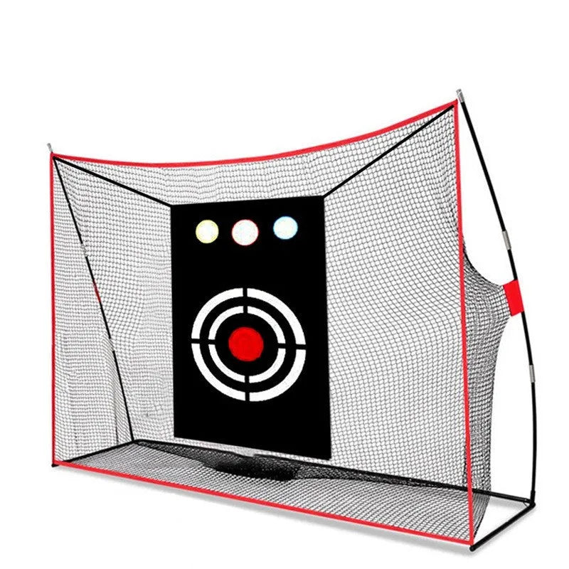 Golf wedge training kit showing 3-hole cross net, straw practice mat, white and red practice balls, and setup accessories