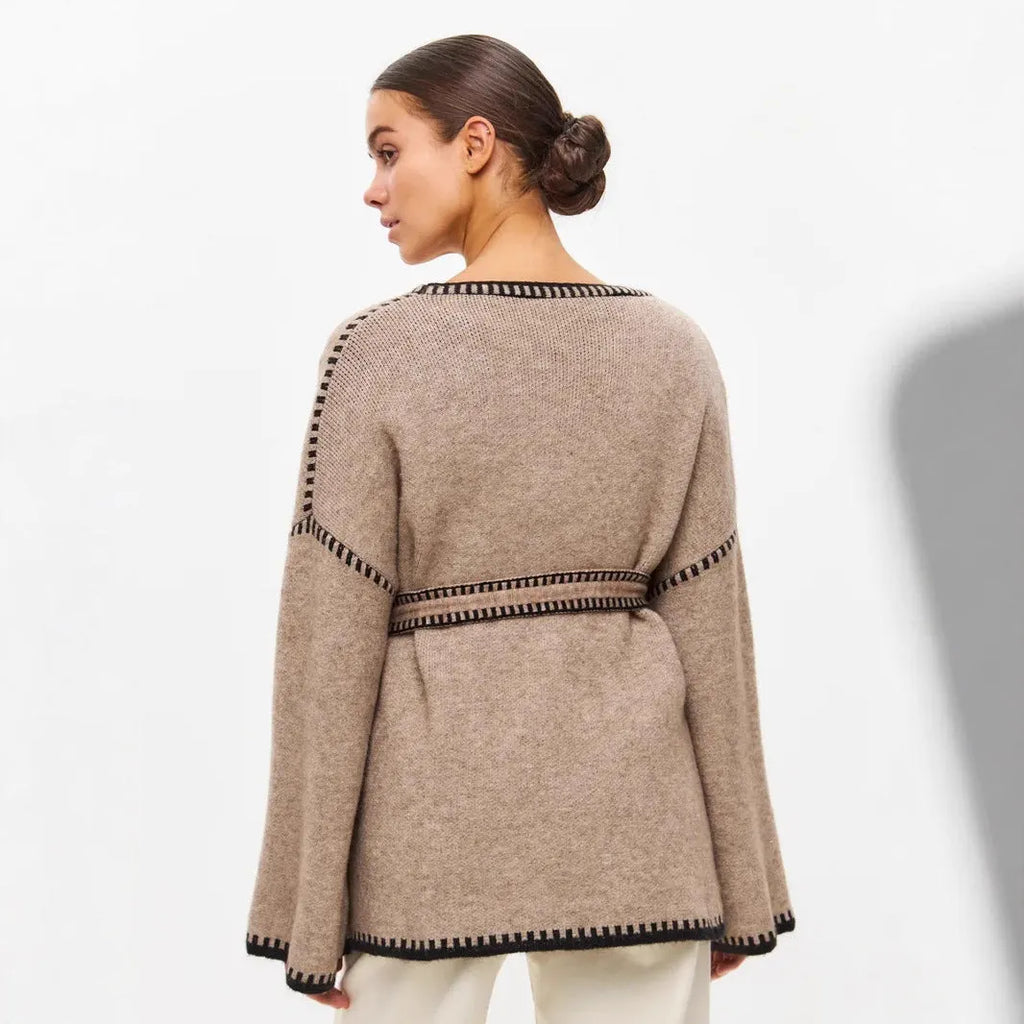 Loose knitted cardigan sweater coat with lace-up front detail in camel colour