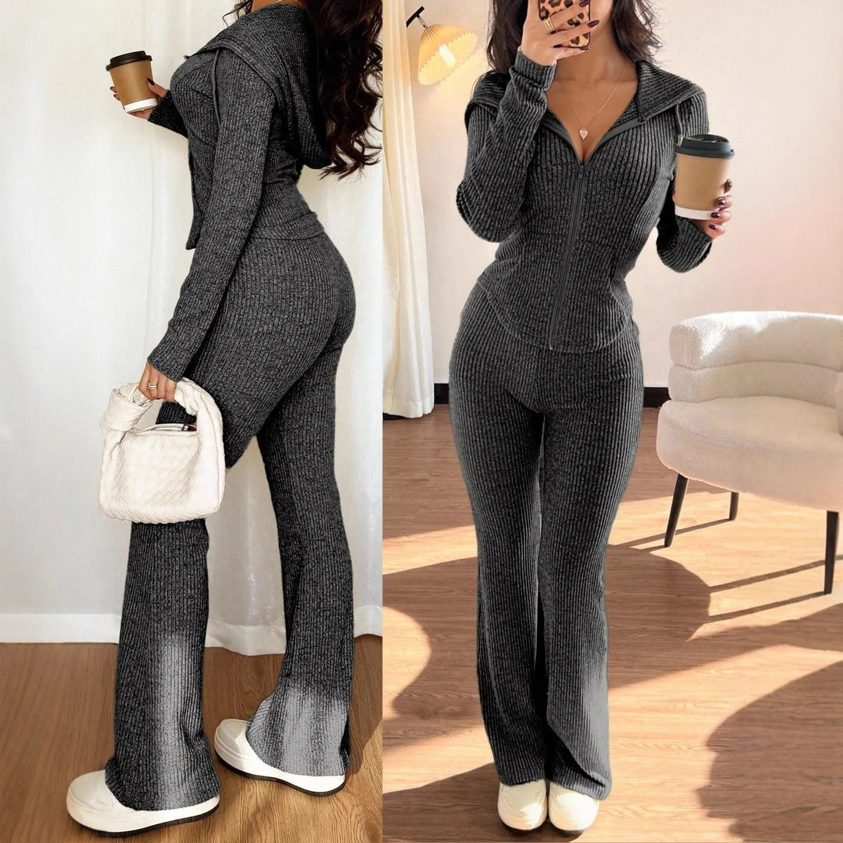 Women's long sleeve hooded tracksuit set with zip top and matching trousers in solid colour rib knit, wine red light grey apricot dark grey.