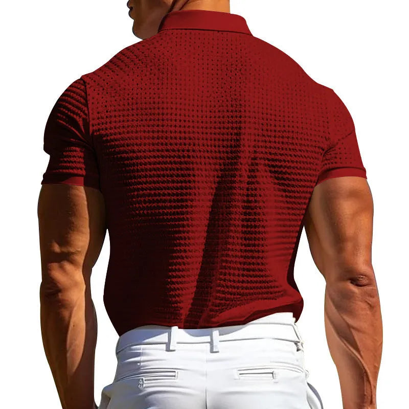 Men's waffle short sleeve polo shirt in cotton, slim fit jacquard lapel top, available in five colours.