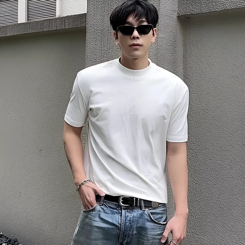 Men's cotton short sleeve t-shirt with half turtleneck drop shoulder loose fit in solid colour
