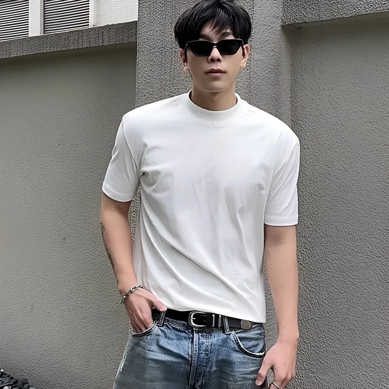 Men's cotton short sleeve t-shirt with half turtleneck drop shoulder loose fit in solid colour