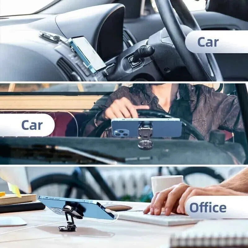 Chrome alloy folding magnetic car phone holder with 360-degree rotation on dashboard