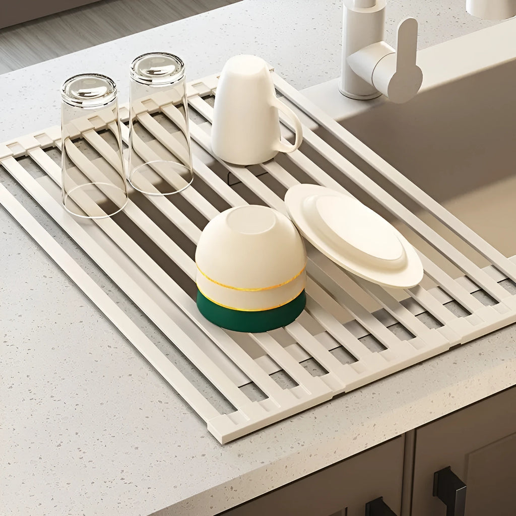 Foldable milky white stainless steel kitchen draining rack with tri-fold design