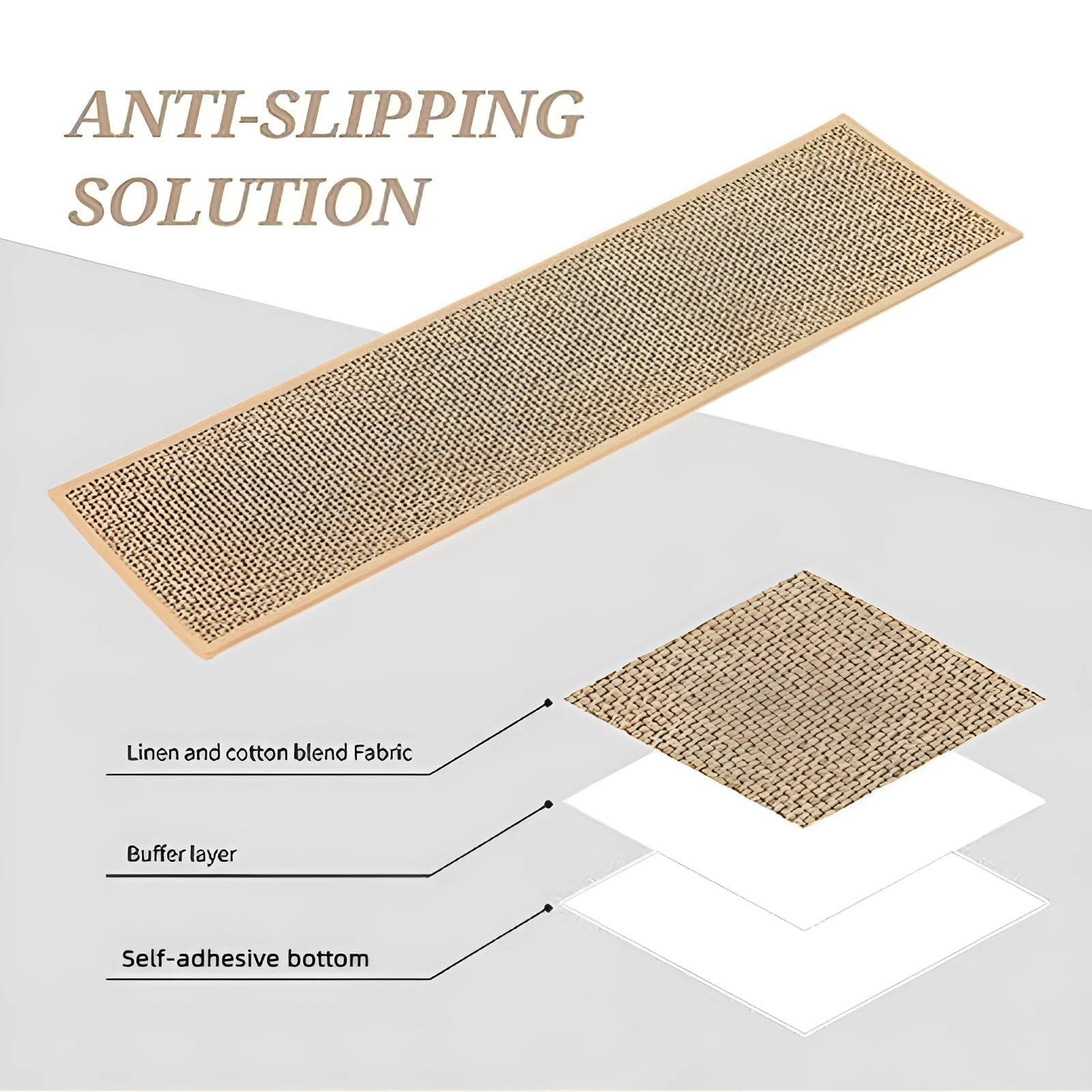 Japanese-style linen-look polyester stair mat in camel colour on a wooden step