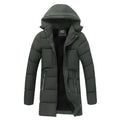 Men's thick mid-length hooded cotton jacket in corduroy fabric, wool-blend, side view with drawstring waist