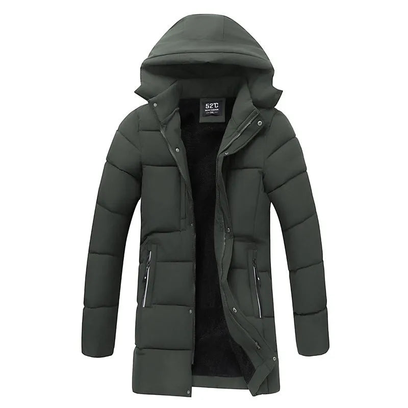 Men's thick mid-length hooded cotton jacket in corduroy fabric, wool-blend, side view with drawstring waist