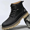 Genuine leather men's mid-top Martin boots in brown, black, and khaki with non-slip rubber sole