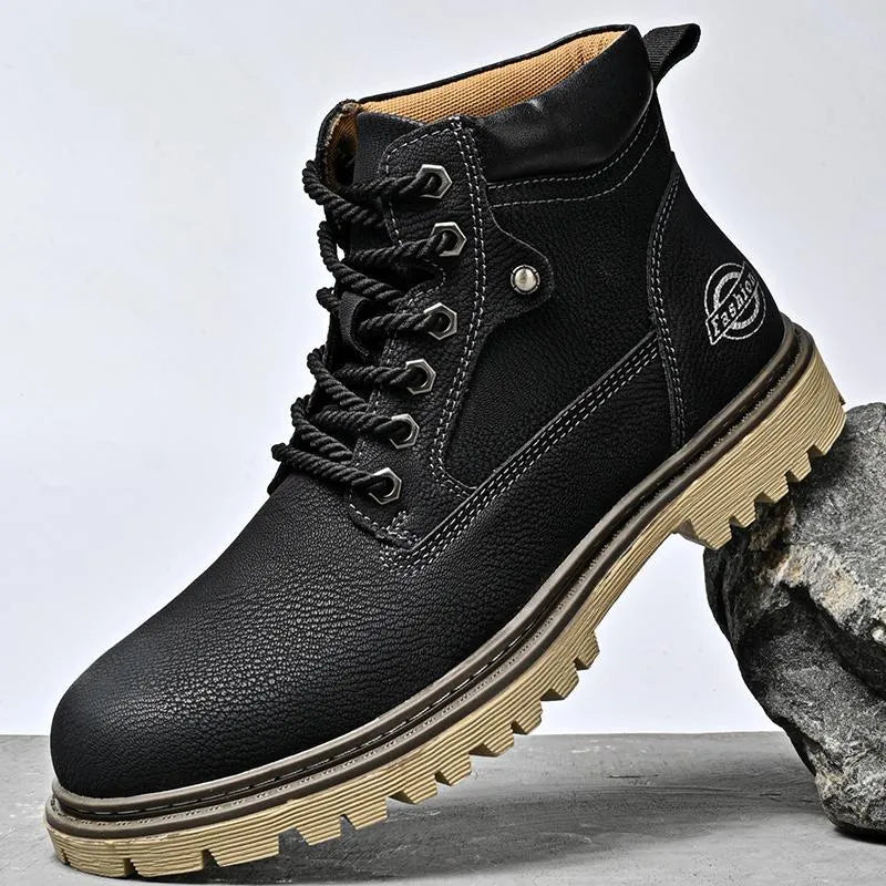 Genuine leather men's mid-top Martin boots in brown, black, and khaki with non-slip rubber sole