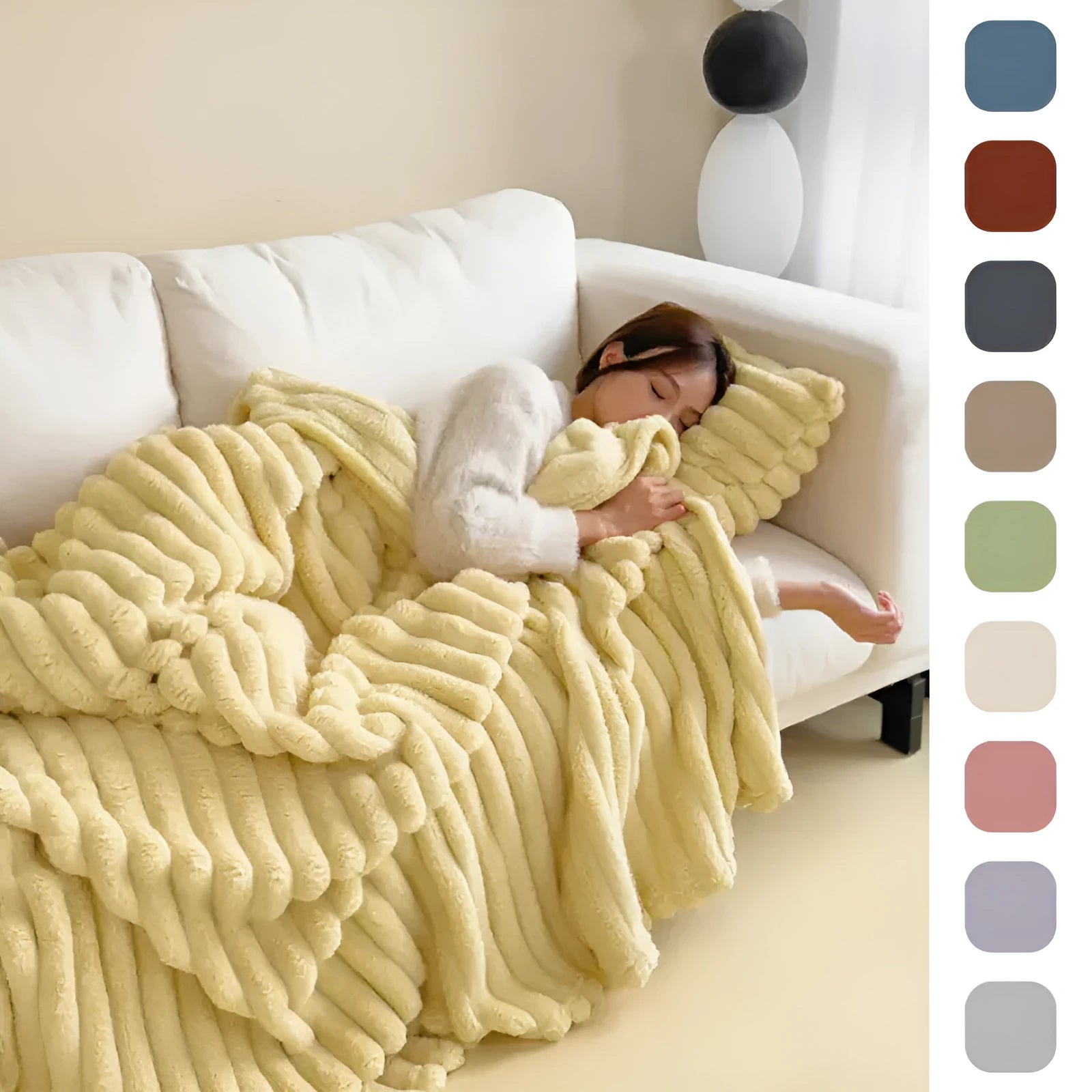 Soft Wind bubble velvet faux rabbit fur blanket in a solid colour, showing double-sided thick texture.